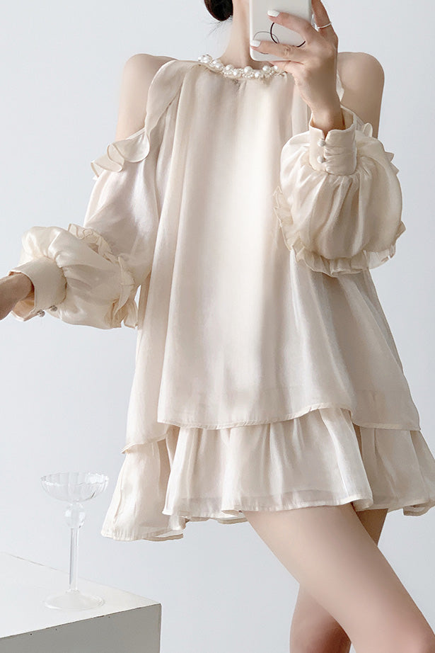 Off-shoulder halter neck dress with pearl decoration - liwisi