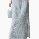 Denim lace spliced rhinestone slit straight skirt - liwisi