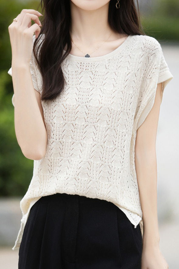 Hollow lace knit T-shirt - liwisi
