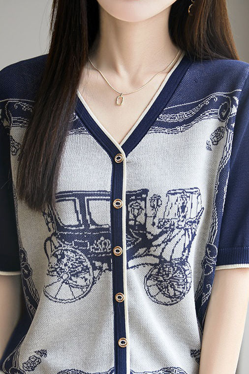 V-neck color block knit T-shirt - liwisi