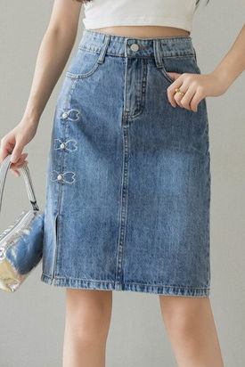Embroidered beaded high-waisted slit denim skirt - liwisi