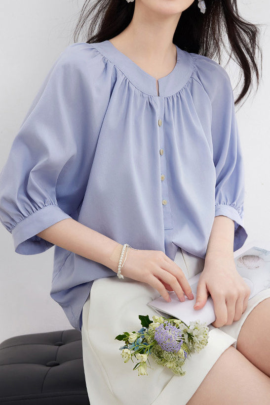Casual gathered raglan lantern sleeve shirt - liwisi
