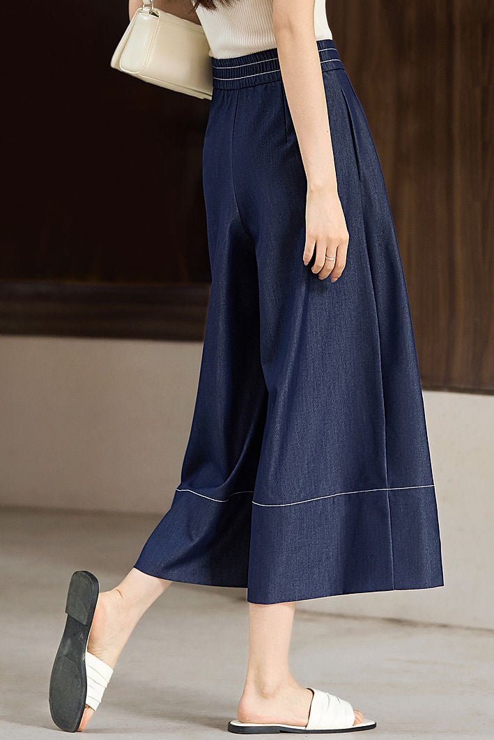 High-waisted plain pleated wide-leg culottes - liwisi