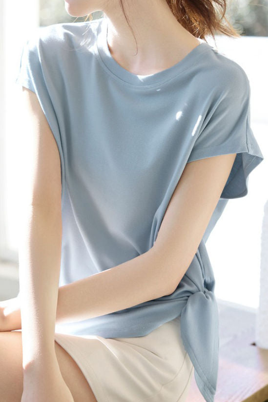 Side tie round neck drop shoulder short sleeve T-shirt - liwisi