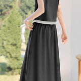 Color block faux two-piece casual T-shirt and A-line skirt set - liwisi