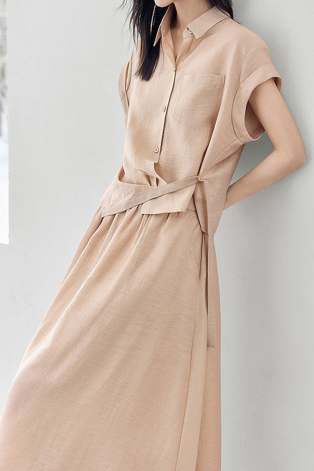 Linen button-up irregular design short sleeve shirt with A-line long skirt set - liwisi