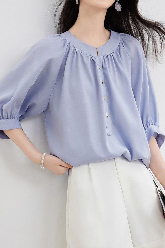 Casual gathered raglan lantern sleeve shirt - liwisi