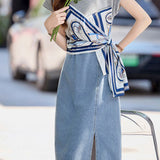 Trendy denim print patchwork dress - liwisi