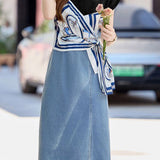 Trendy denim print patchwork dress - liwisi