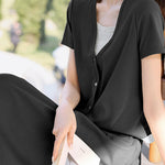 Color block faux two-piece casual T-shirt and A-line skirt set - liwisi