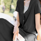 Color block faux two-piece casual T-shirt and A-line skirt set - liwisi