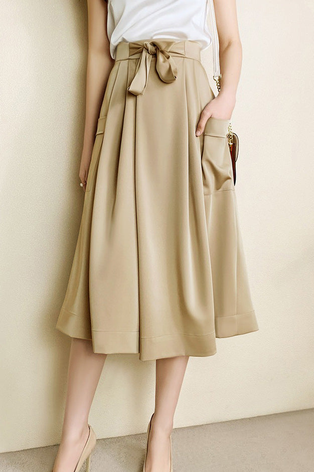 Solid color tie waist wide-leg skirt pants - liwisi