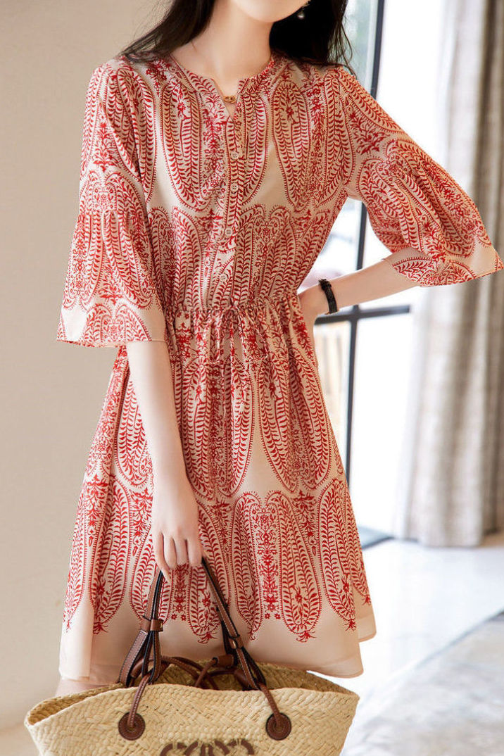 V-Neck Printed Waist-Defined Dress - liwisi