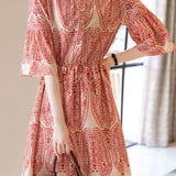 V-Neck Printed Waist-Defined Dress - liwisi