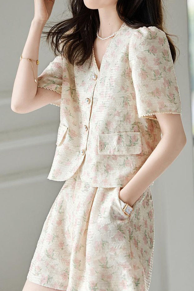 Oil painting print short sleeve shirt with matching shorts set - liwisi
