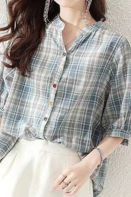 Round stand collar button-up short sleeve loose casual shirt with drawstring hem - liwisi