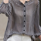 Checkered chiffon round neck button-up long sleeve sun protection shirt - liwisi