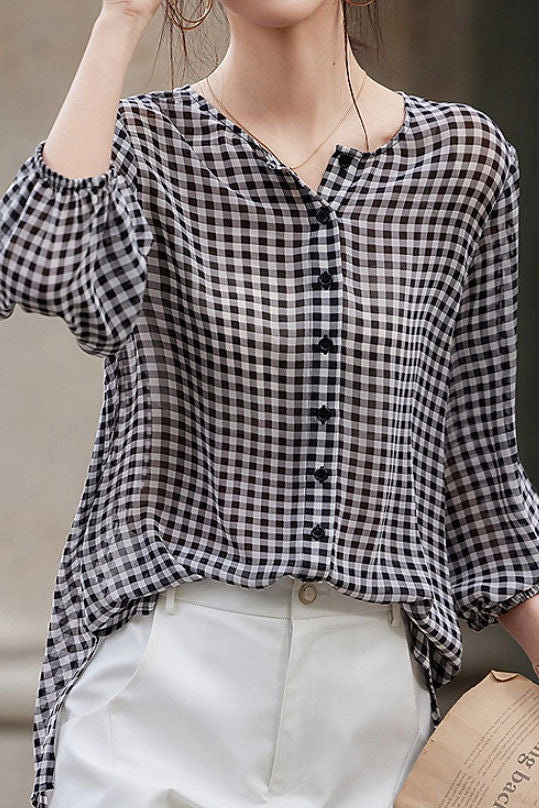 Checkered chiffon round neck button-up long sleeve sun protection shirt - liwisi