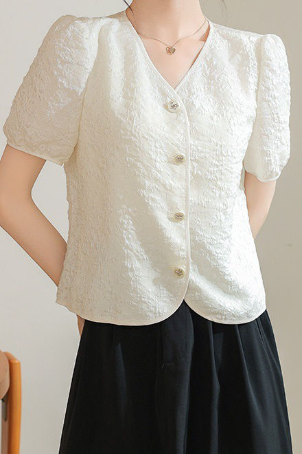 A-line bubble short sleeve button-up shirt - liwisi