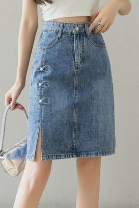 Embroidered beaded high-waisted slit denim skirt - liwisi