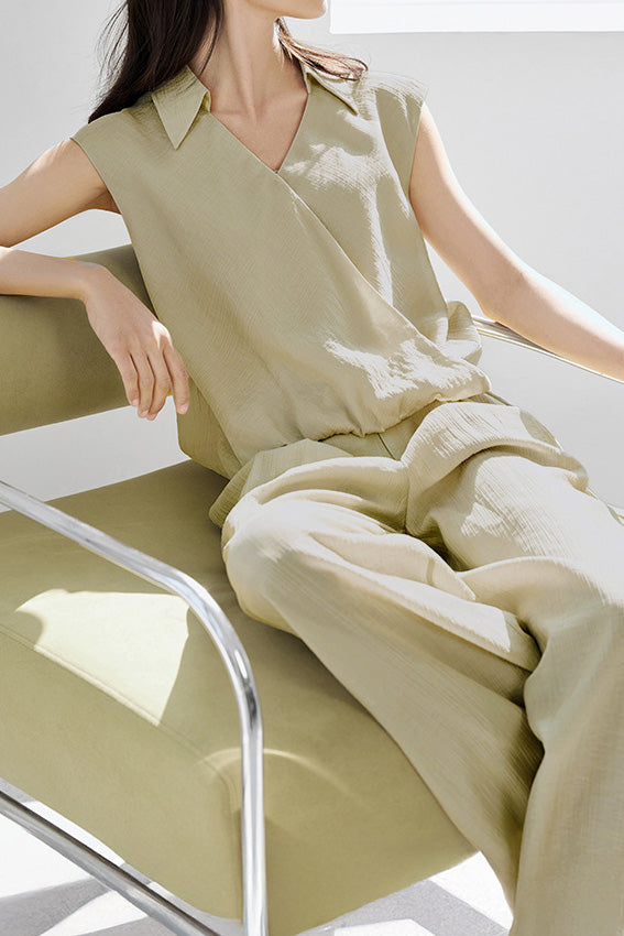 Casual collared sleeveless shirt with wide-leg long pants set - liwisi