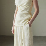 Textured off-shoulder fitted top with side pleats, loose pleated wide-leg pants two-piece set - liwisi