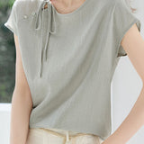 Round neck tie detail raglan sleeve shirt - liwisi