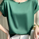 Satin drop shoulder round neck T-shirt - liwisi