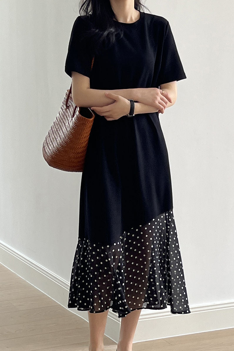 Spliced polka dot solid color dress - liwisi
