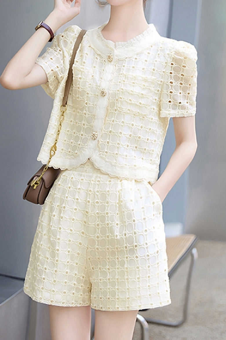 Round neck short sleeve hollow top and shorts two-piece set - liwisi