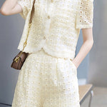 Round neck short sleeve hollow top and shorts two-piece set - liwisi