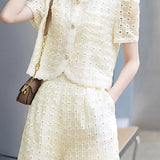 Round neck short sleeve hollow top and shorts two-piece set - liwisi