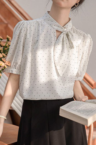 Polka dot bow tie short sleeve shirt - liwisi