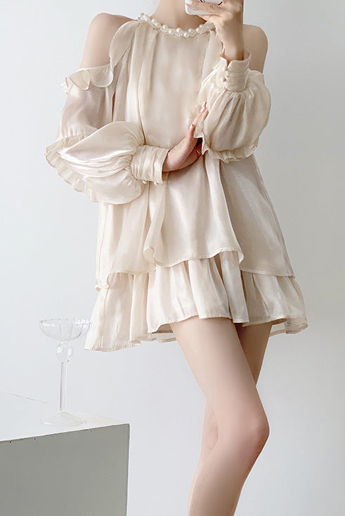 Off-shoulder halter neck dress with pearl decoration - liwisi