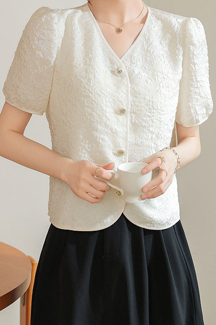 A-line bubble short sleeve button-up shirt - liwisi