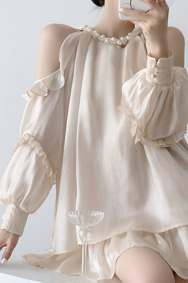 Off-shoulder halter neck dress with pearl decoration - liwisi