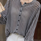Checkered chiffon round neck button-up long sleeve sun protection shirt - liwisi
