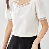 Square Neck Patchwork Puff Sleeve T-Shirt - liwisi