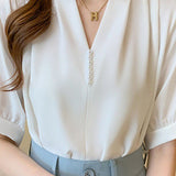 V-neck pearl short sleeve chiffon shirt - liwisi