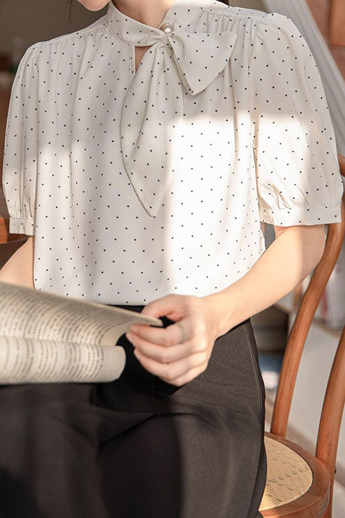 Polka dot bow tie short sleeve shirt - liwisi