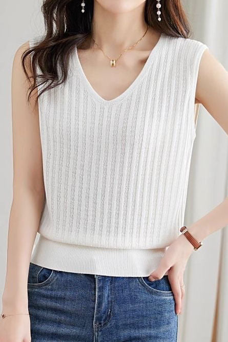 V-neck sleeveless textured knit tank top - liwisi
