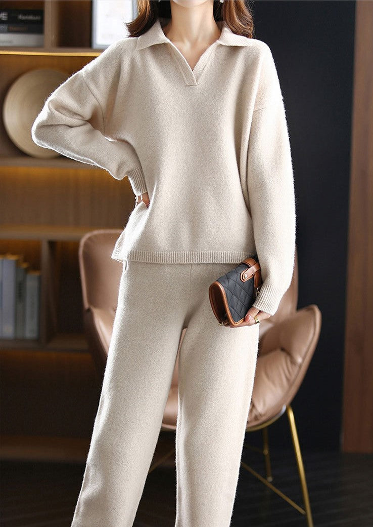 Two-Piece Set: Collared Knit Top + Knit Straight Pants - 4 Colors Available - liwisi