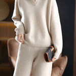 Two-Piece Set: Collared Knit Top + Knit Straight Pants - 4 Colors Available - liwisi