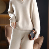 Two-Piece Set: Collared Knit Top + Knit Straight Pants - 4 Colors Available - liwisi