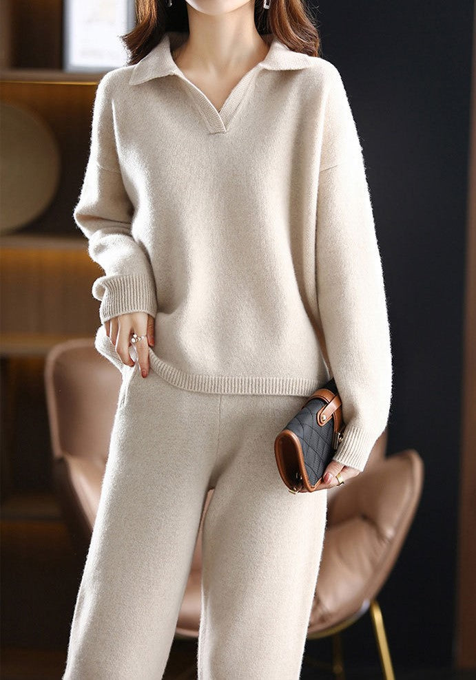 Two-Piece Set: Collared Knit Top + Knit Straight Pants - 4 Colors Available - liwisi