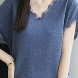V-neck lace-trimmed knit T-shirt - liwisi