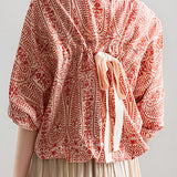 Printed batwing sleeve tie shirt - liwisi