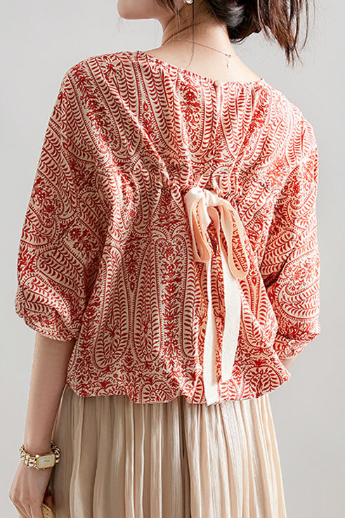 Printed batwing sleeve tie shirt - liwisi