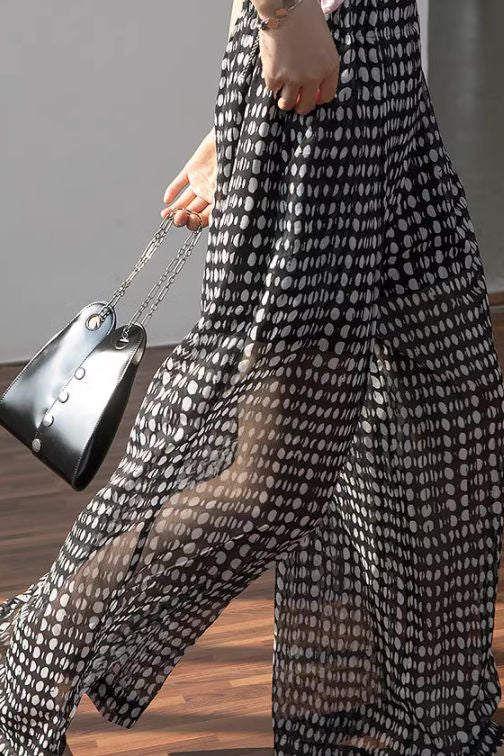 Black and white polka dot casual high-waisted wide-leg pants - liwisi