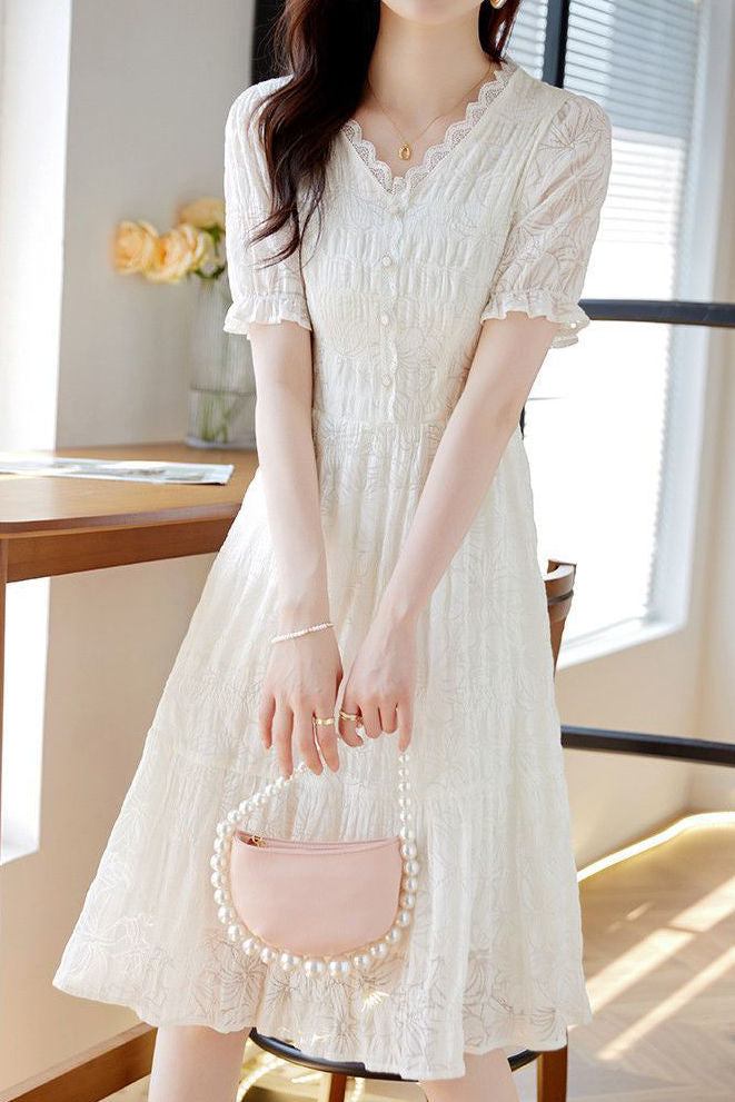 V-neck lace spliced A-line dress - liwisi